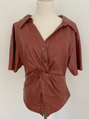Nanushka Rust Faux Leather Short Sleeve Top - L